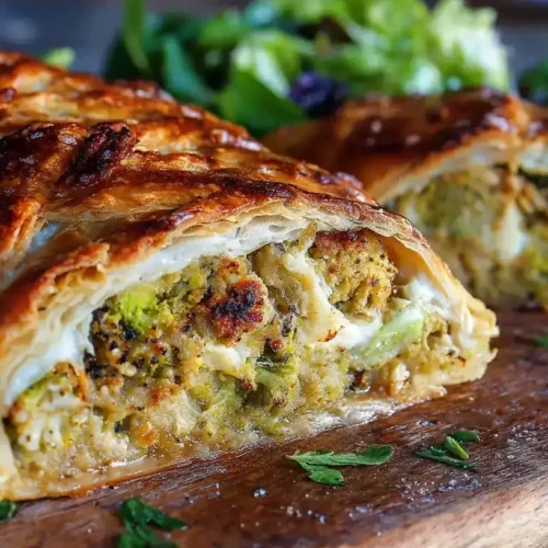 Brokkoli-Käse-Strudel frisch aus dem Ofen auf einem Backblech, knusprig und goldbraun