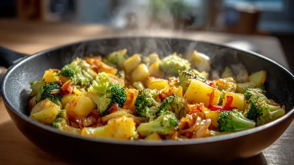 Cremige Brokkoli-Kartoffeln in Pfanne mit Zwiebeln und Knoblauch