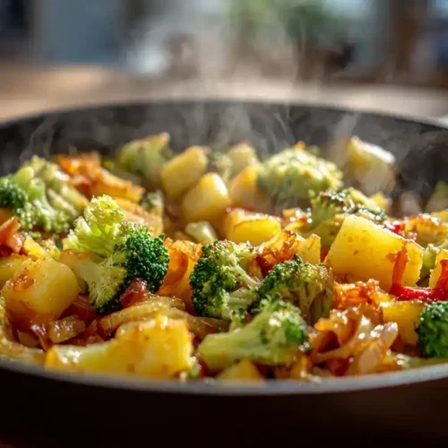 Cremige Brokkoli-Kartoffeln in Pfanne mit Zwiebeln und Knoblauch