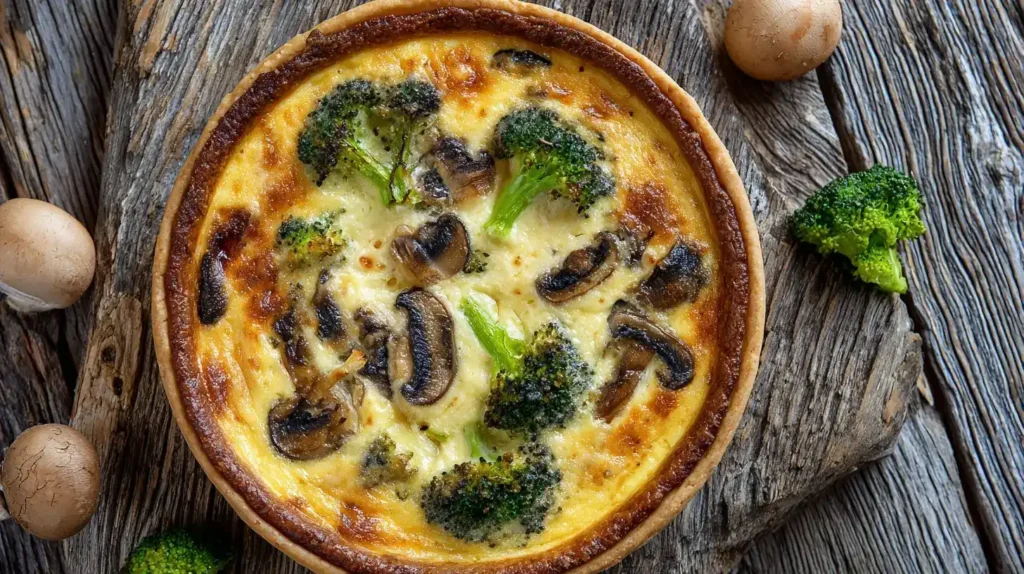 Aufgeschnittene Brokkoli-Pilz-Quiche mit cremiger Füllung aus Käse, Brokkoli und Pilzen
