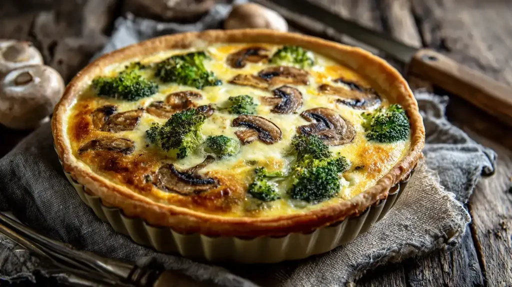 Frisch gebackene Brokkoli-Pilz-Quiche in Quicheform mit knusprigem Boden