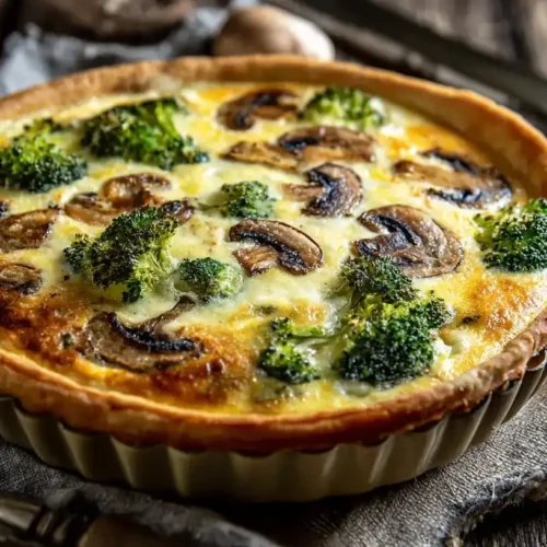 Frisch gebackene Brokkoli-Pilz-Quiche in Quicheform mit knusprigem Boden