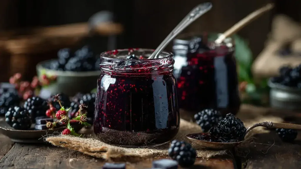 Brombeer-Lakritz-Marmelade im Glas auf rustikalem Holztisch