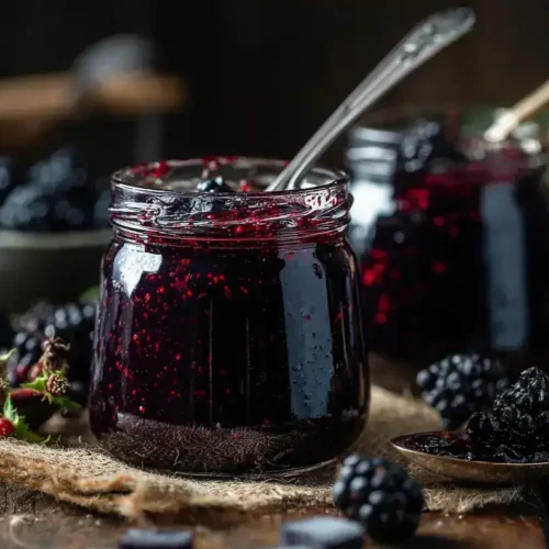 Brombeer-Lakritz-Marmelade im Glas auf rustikalem Holztisch