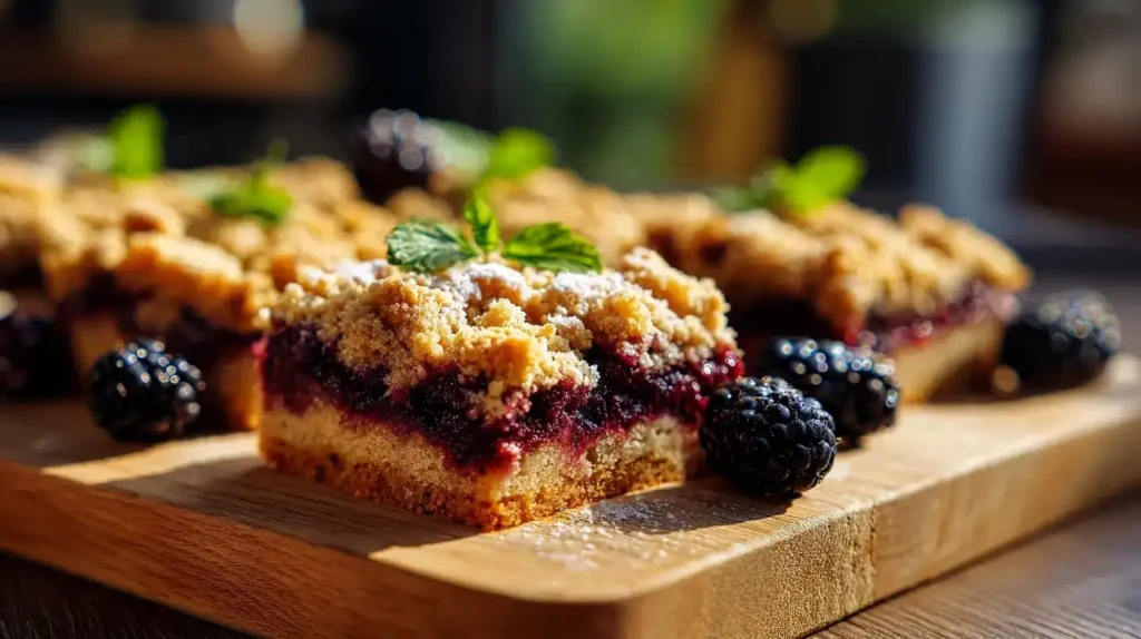 Frisch gebackene Brombeer-Streuselschnitten mit goldbraunen Streuseln auf Holzbrett