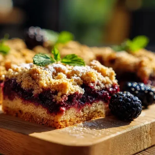 Frisch gebackene Brombeer-Streuselschnitten mit goldbraunen Streuseln auf Holzbrett