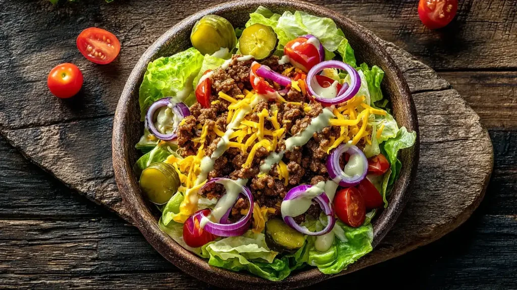 Low Carb Burger Bowl mit Salat, Tomaten und würzigem Hackfleisch