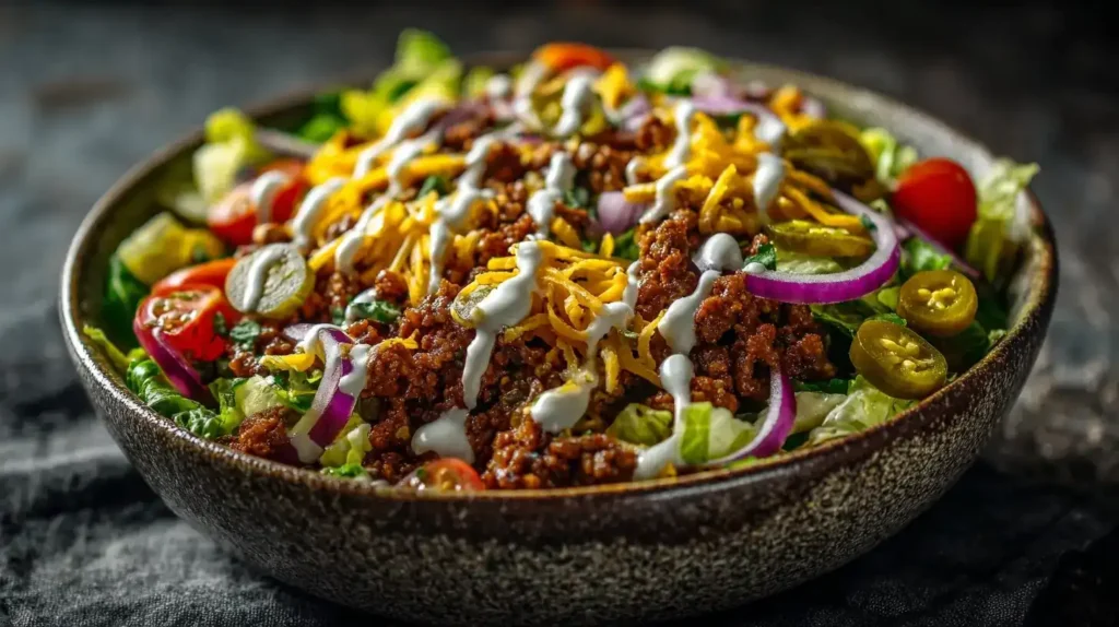 Burger Bowl Rezept mit Hackfleisch, Cheddar und Dressing