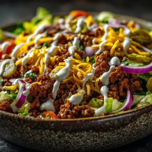 Burger Bowl Rezept mit Hackfleisch, Cheddar und Dressing