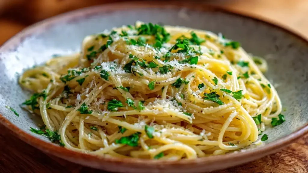 Butter-Knoblauch-Pasta mit Pecorino und Petersilie in cremiger Knoblauchbutter