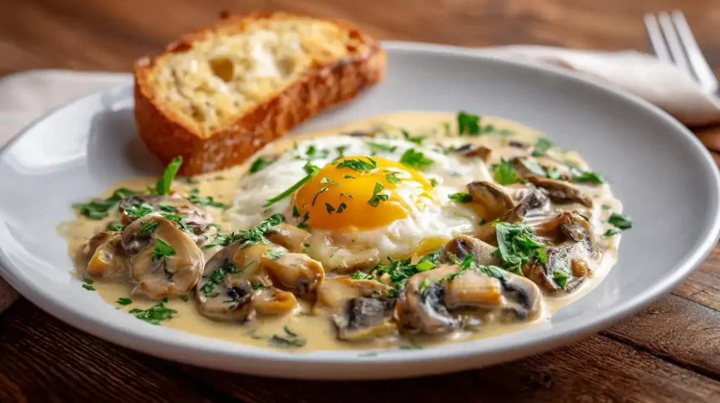 Champignonpfanne mit Ei in cremiger Sahnesoße mit Petersilie