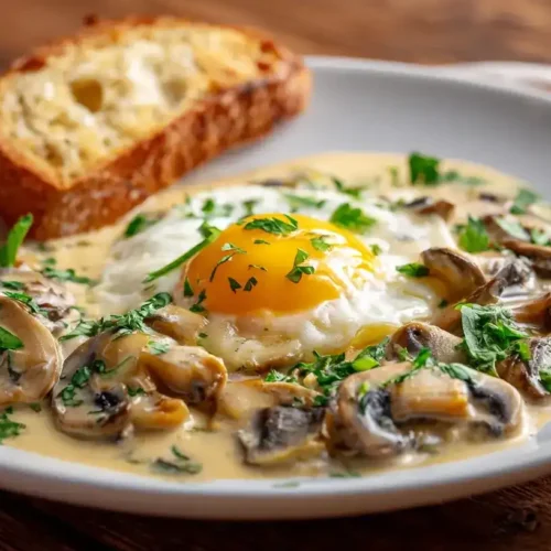 Champignonpfanne mit Ei in cremiger Sahnesoße mit Petersilie