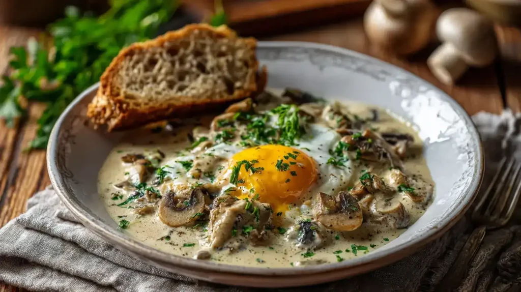 Cremige Champignonpfanne mit Ei serviert mit frischem Brot
