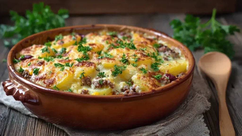 Cowboy-Auflauf mit Kartoffeln, Hackfleisch, Mais und Bohnen in Auflaufform
