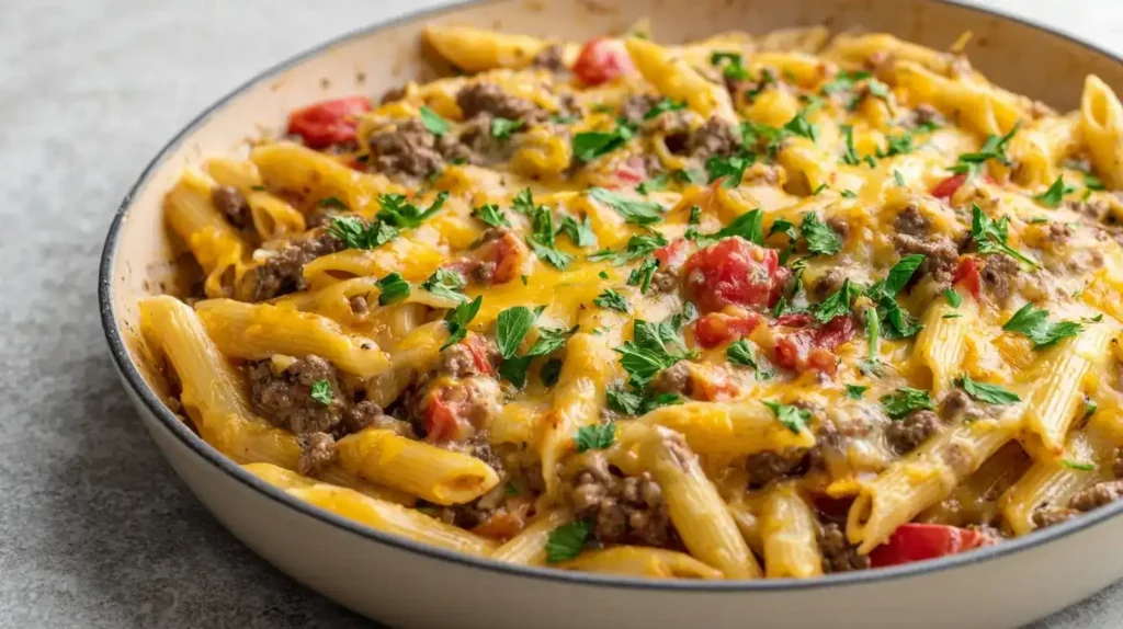 One-Pot Cowboy-Nudeltopf im großen Topf mit cremiger Tomaten-Nudel-Soße