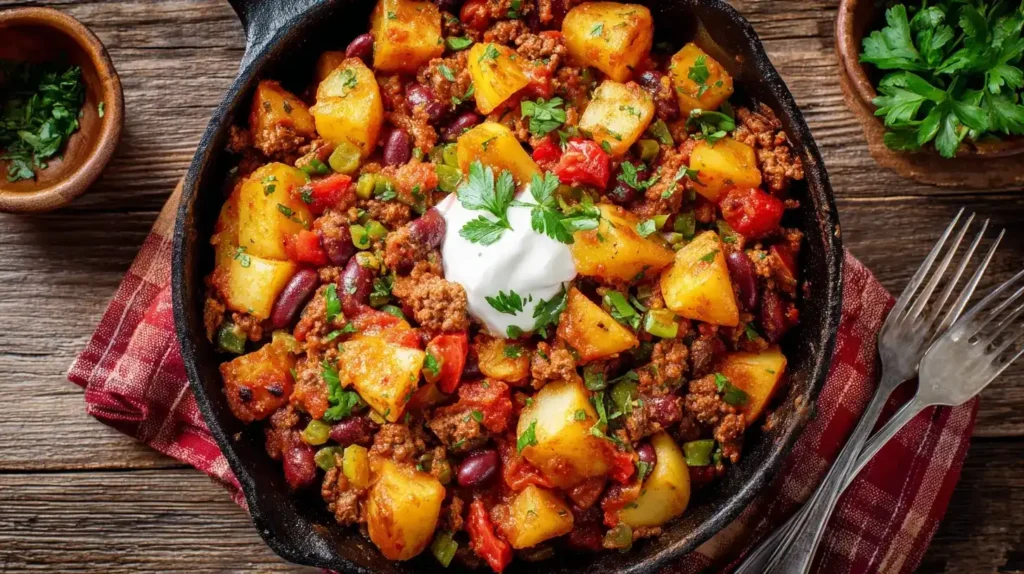 Cowboypfanne mit Kartoffeln in gusseiserner Pfanne mit Hackfleisch und Bohnen