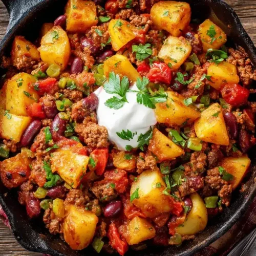 Cowboypfanne mit Kartoffeln in gusseiserner Pfanne mit Hackfleisch und Bohnen