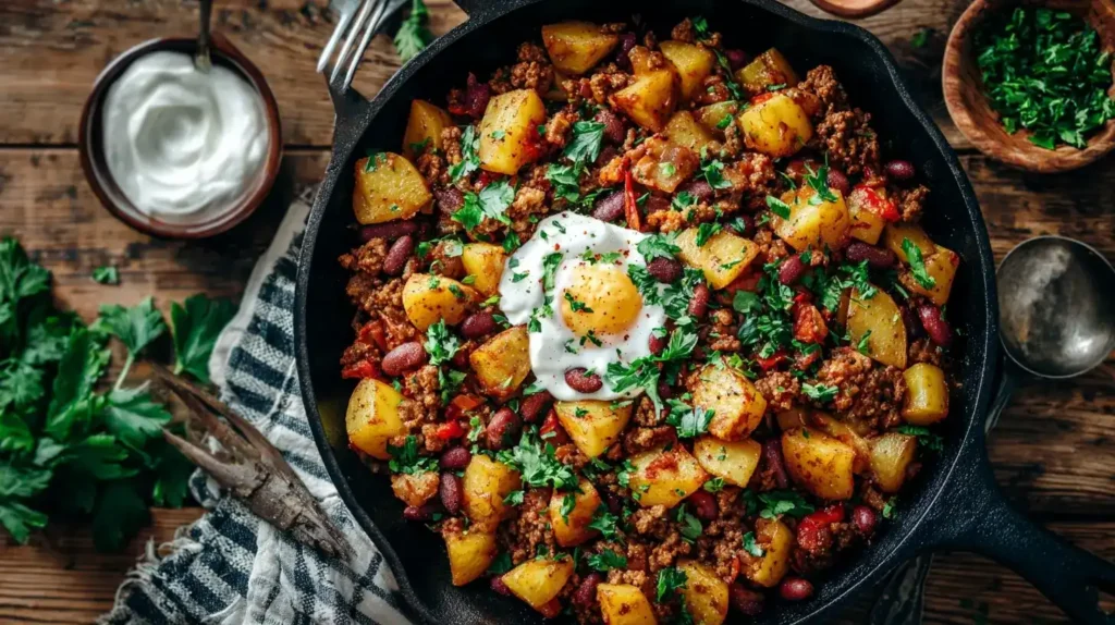 Deftige Cowboypfanne mit Kartoffeln, Hackfleisch und Tomaten als One-Pot Gericht