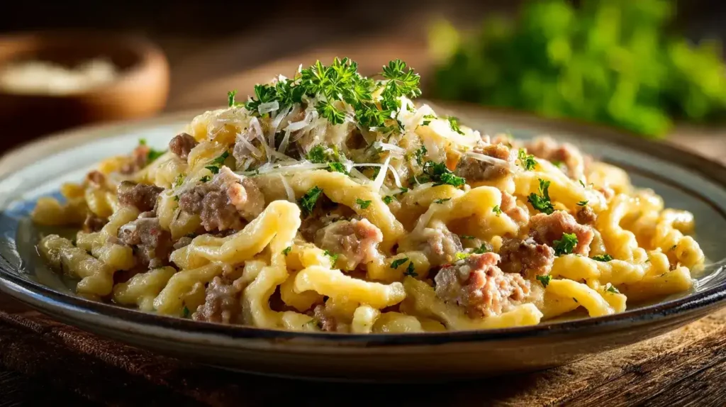 Cremige Spätzle-Hackpfanne mit Lauch und geschmolzenem Bergkäse