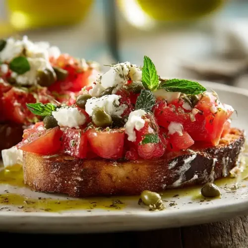 Dakos griechische Bruschetta mit Tomaten und Feta