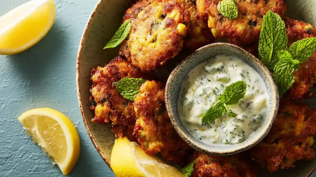 Nahaufnahme goldbraune Erbsenfrikadellen mit cremigem Joghurt-Dip