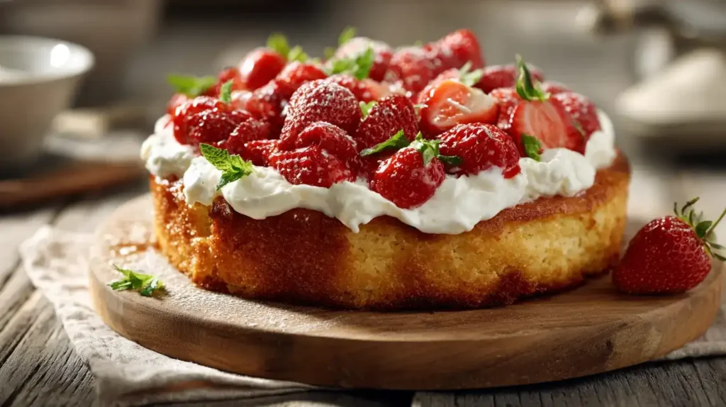 Erdbeer-Buttermilchkuchen mit Quark-Sahne-Creme, Nahaufnahme, sommerlich dekoriert
