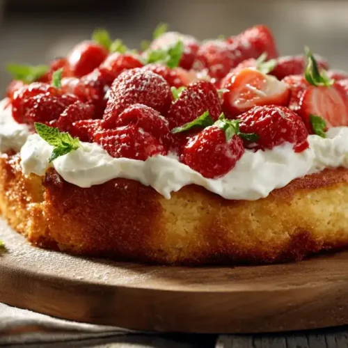 Erdbeer-Buttermilchkuchen mit Quark-Sahne-Creme, Nahaufnahme, sommerlich dekoriert