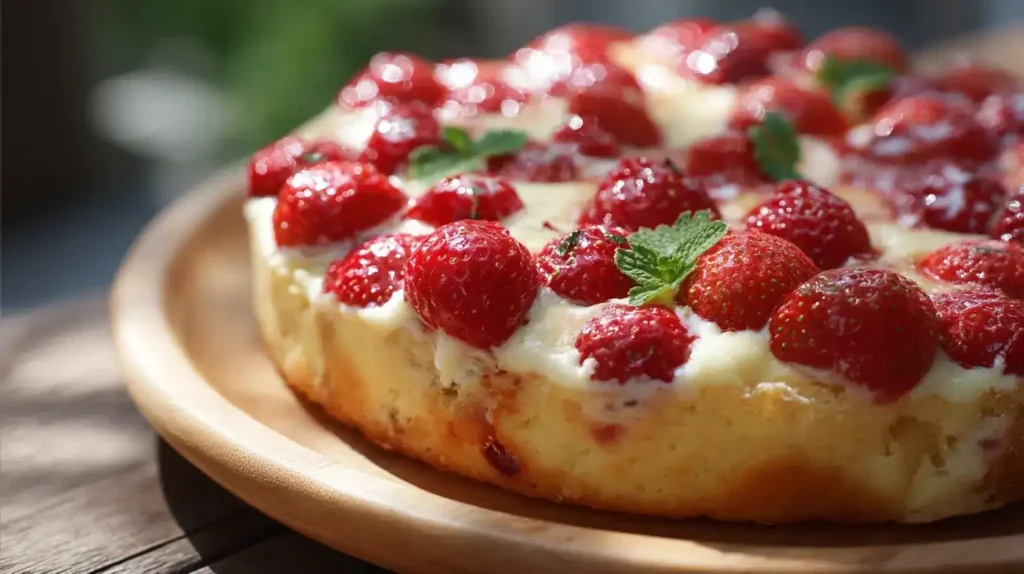 Servierte Stücke Erdbeer-Buttermilchkuchen mit frischen Erdbeeren auf Teller