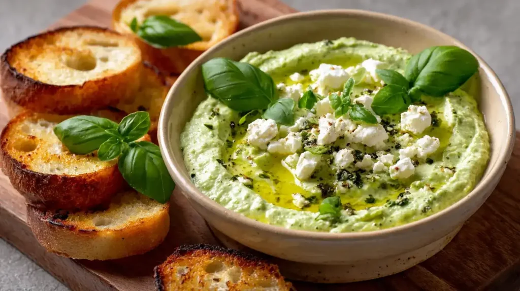 Cremiger Feta-Basilikum-Dip mit frischem Basilikum in weißer Schüssel