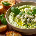 Cremiger Feta-Basilikum-Dip mit frischem Basilikum in weißer Schüssel