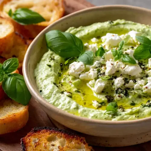Cremiger Feta-Basilikum-Dip mit frischem Basilikum in weißer Schüssel