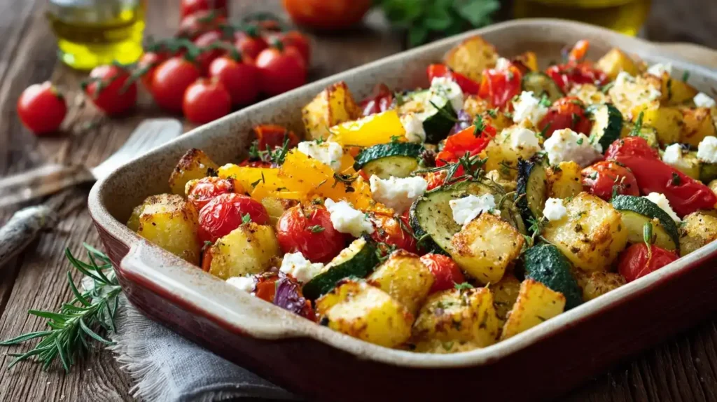 Feta-Kartoffeln mit buntem Ofengemüse frisch gebacken in Auflaufform