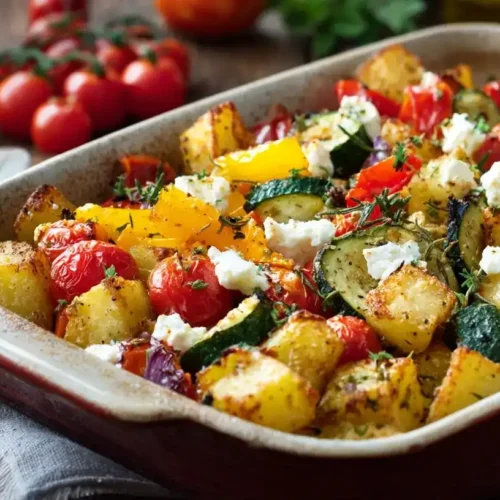 Feta-Kartoffeln mit buntem Ofengemüse frisch gebacken in Auflaufform