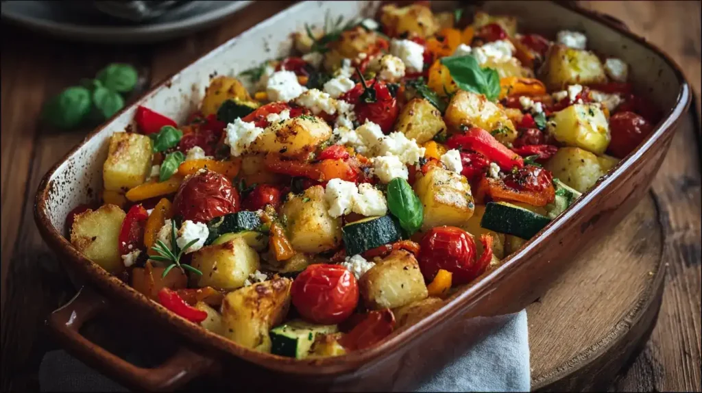 Servierte Feta-Kartoffeln mit Ofengemüse auf Teller, mediterran angerichtet