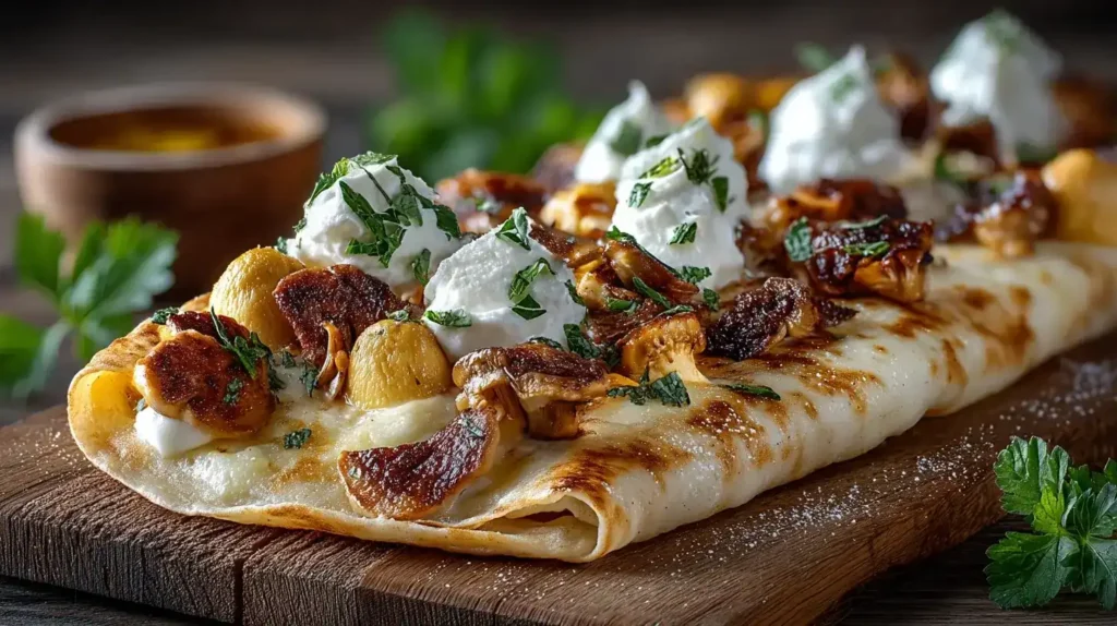 Frisch gebackener Flammkuchen mit Speck und Pfifferlingen auf Backblech
