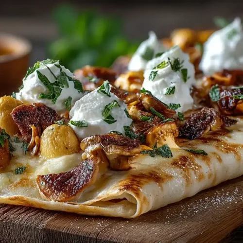 Frisch gebackener Flammkuchen mit Speck und Pfifferlingen auf Backblech