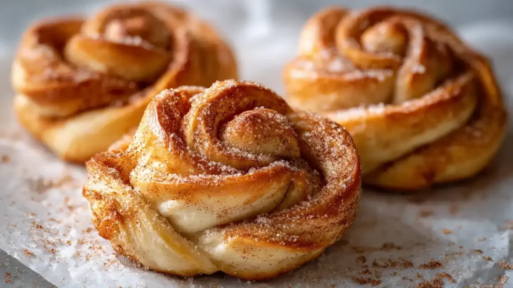 Franzbrötchen-Cruffins Frisch gebackene Franzbrötchen-Cruffins mit Zimt und Zucker im Muffinblech