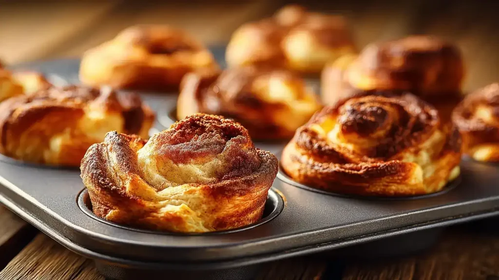 Franzbrötchen-Cruffins auf Teller serviert mit Kaffee und Puderzucker