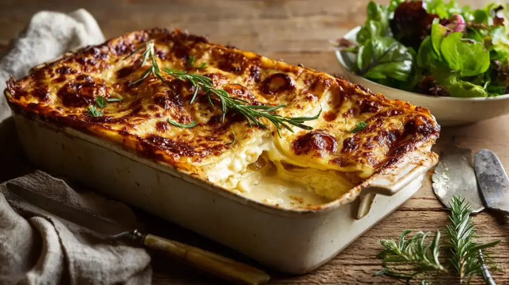 French-Onion-Lasagne frisch aus dem Ofen mit goldbrauner Käseschicht