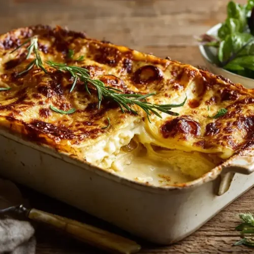 French-Onion-Lasagne frisch aus dem Ofen mit goldbrauner Käseschicht