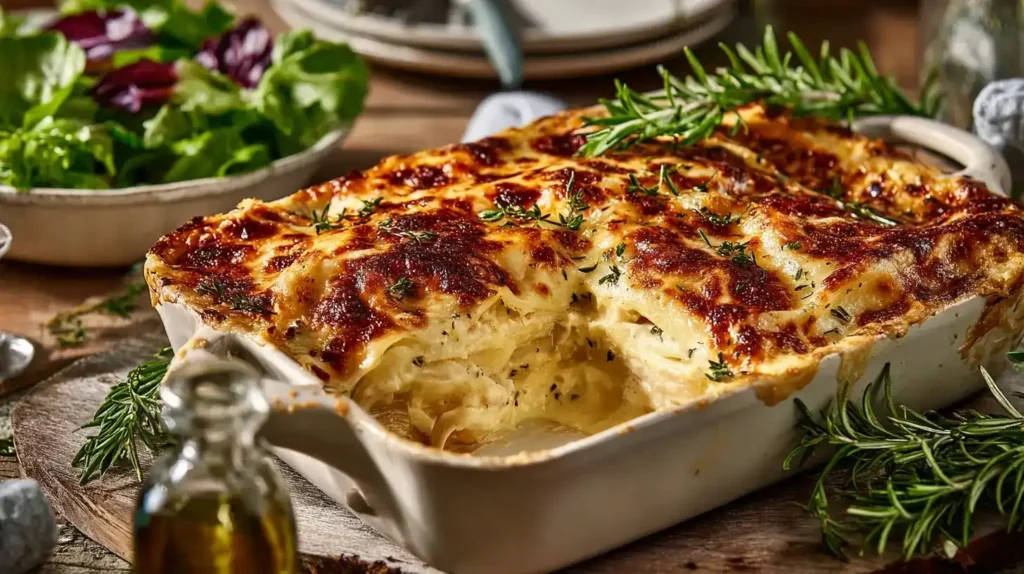 French-Onion-Lasagne mit cremiger Béchamel und karamellisierten Zwiebeln in Schichten