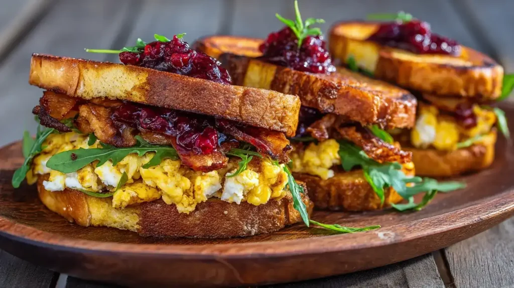 French-Toast-Sandwich mit Bacon, Rührei, Ziegenkäse und Preiselbeermarmelade auf Holztisch