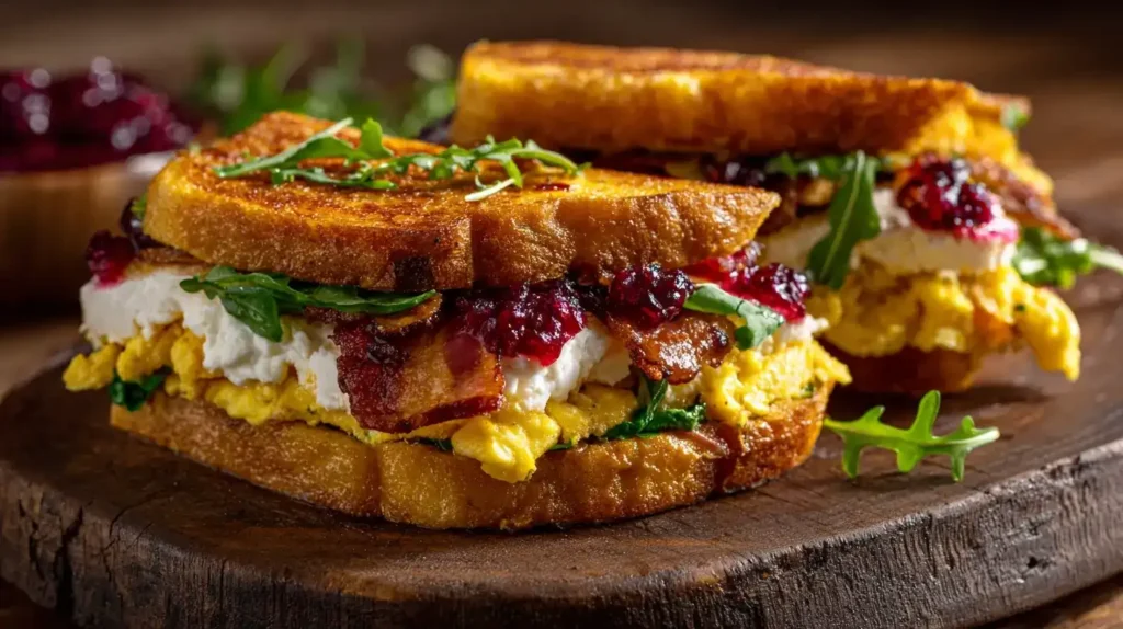 Goldbraunes French-Toast-Sandwich mit Rucola, cremigem Käse und Cranberrys, angerichtet auf Teller