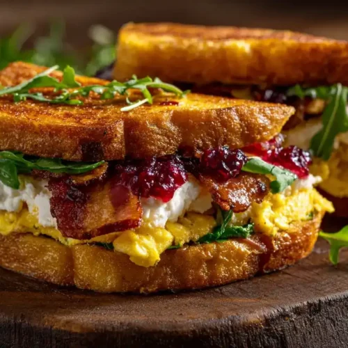 Goldbraunes French-Toast-Sandwich mit Rucola, cremigem Käse und Cranberrys, angerichtet auf Teller