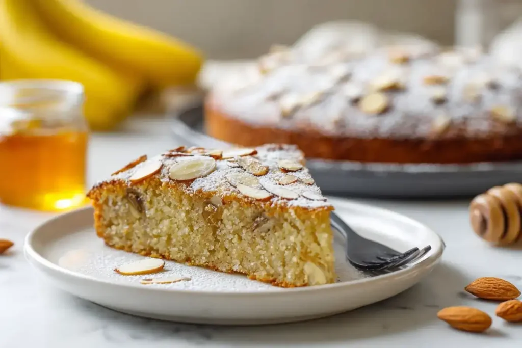 Goldbraun gebackene Mandelcroissant-Haferflocken im Auflauf mit Banane und Mandelmus