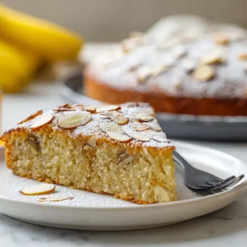 Goldbraun gebackene Mandelcroissant-Haferflocken im Auflauf mit Banane und Mandelmus