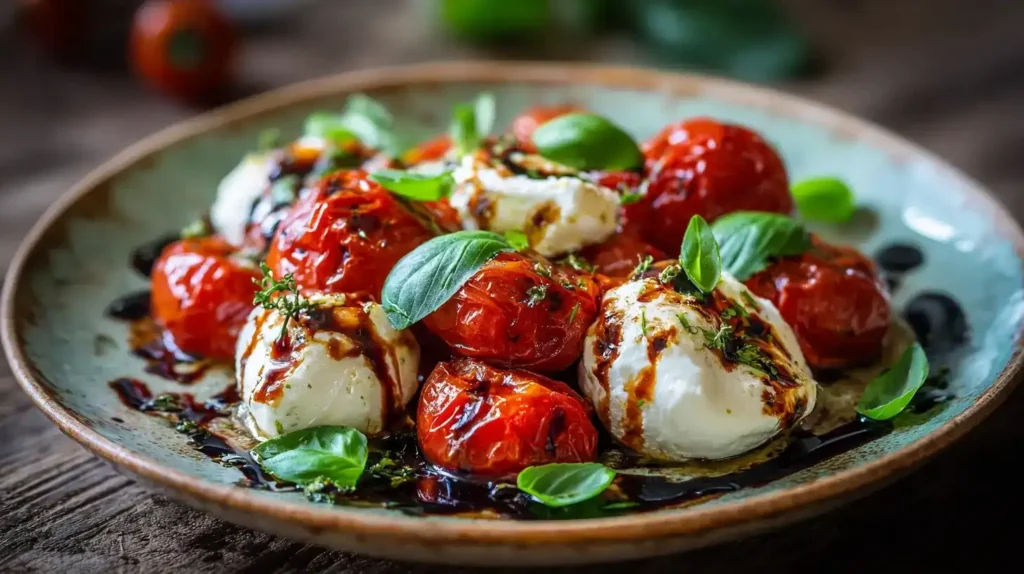 Nahaufnahme gebackener Tomaten mit Burrata, goldbraune Tomaten, frische Kräuter, mediterranes Gericht