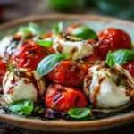 Nahaufnahme gebackener Tomaten mit Burrata, goldbraune Tomaten, frische Kräuter, mediterranes Gericht