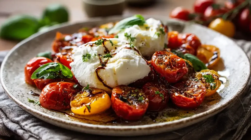 Gebackene Tomaten mit Burrata auf Teller, frisches Basilikum, Balsamico, cremige Textur