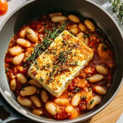 Gebackener Feta mit Riesenbohnen in Auflaufform mit frischem Thymian und Olivenöl